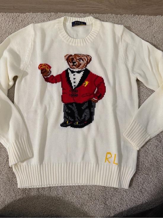 Polo Ralph Lauren Sweaters - Polo by Ralph Lauren Cream Crewneck Sweater with Red Bear Intarsia
